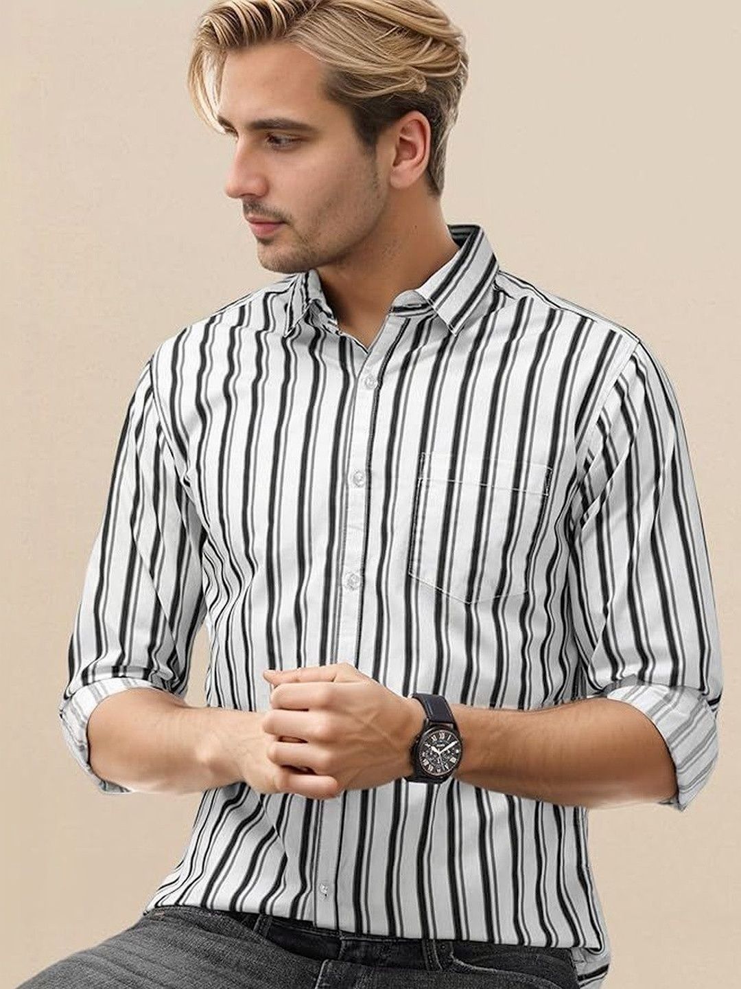 Foomer Men Classic Vertical Striped Casual Shirt