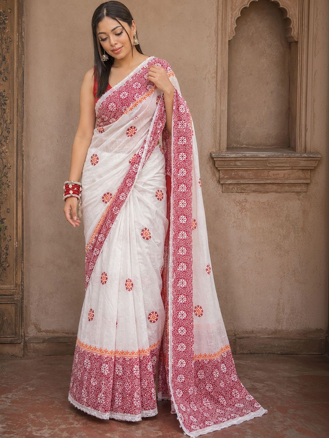 KALINI Ethnic Motifs Embroidered Linen Blend Handloom Block Print Saree