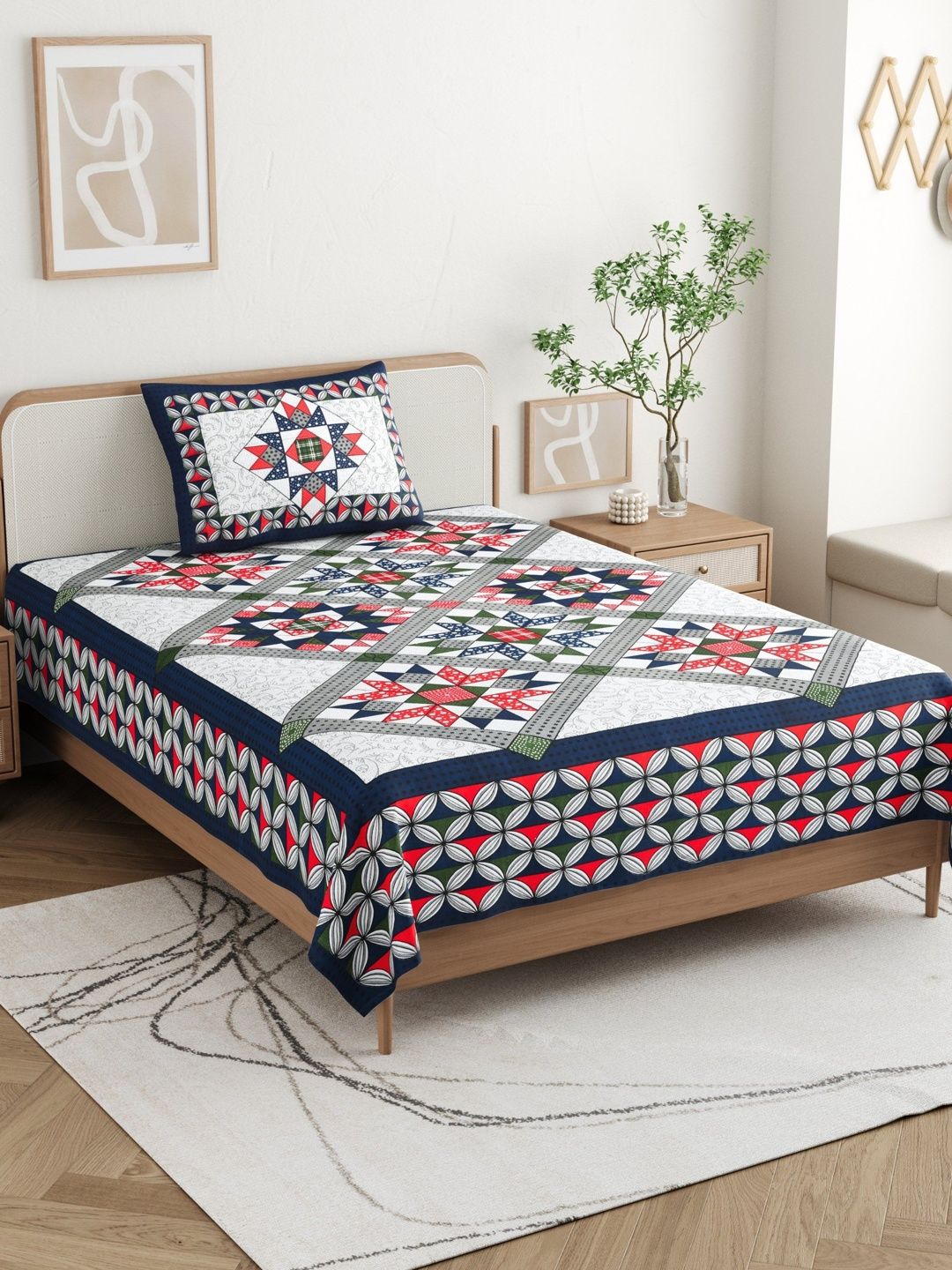 Buy CLOTHOLOGY Midnight Blue Geometric Mosaic Sitara Heritage Collection Cotton Single Flat 104 TC Jaipuri Prints Bedsheet Set -  - Home for Unisex