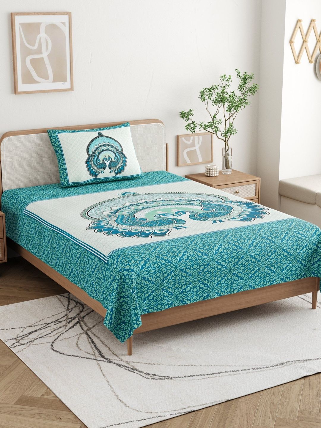 Buy CLOTHOLOGY Sapphire Blue Mandala Peacock Mayura Heritage Cotton Single Flat 104 TC Jaipuri Prints Bedsheet Set -  - Home for Unisex