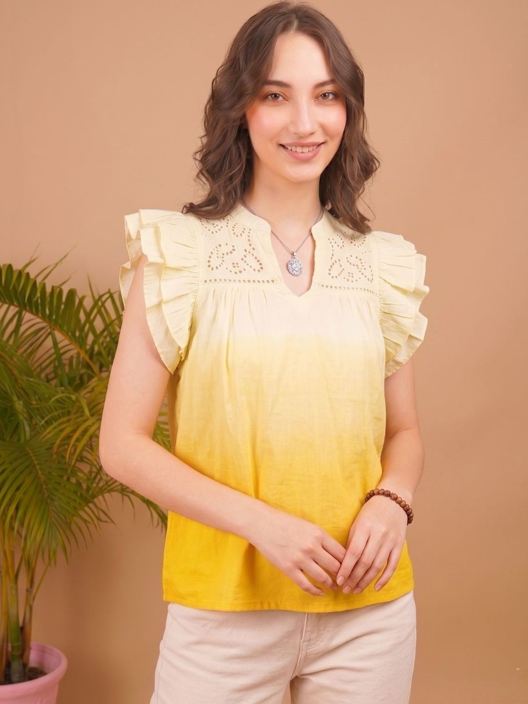 Maaesa Ombre Mandarin Collar Flutter Sleeve Cotton Regular Fit Top
