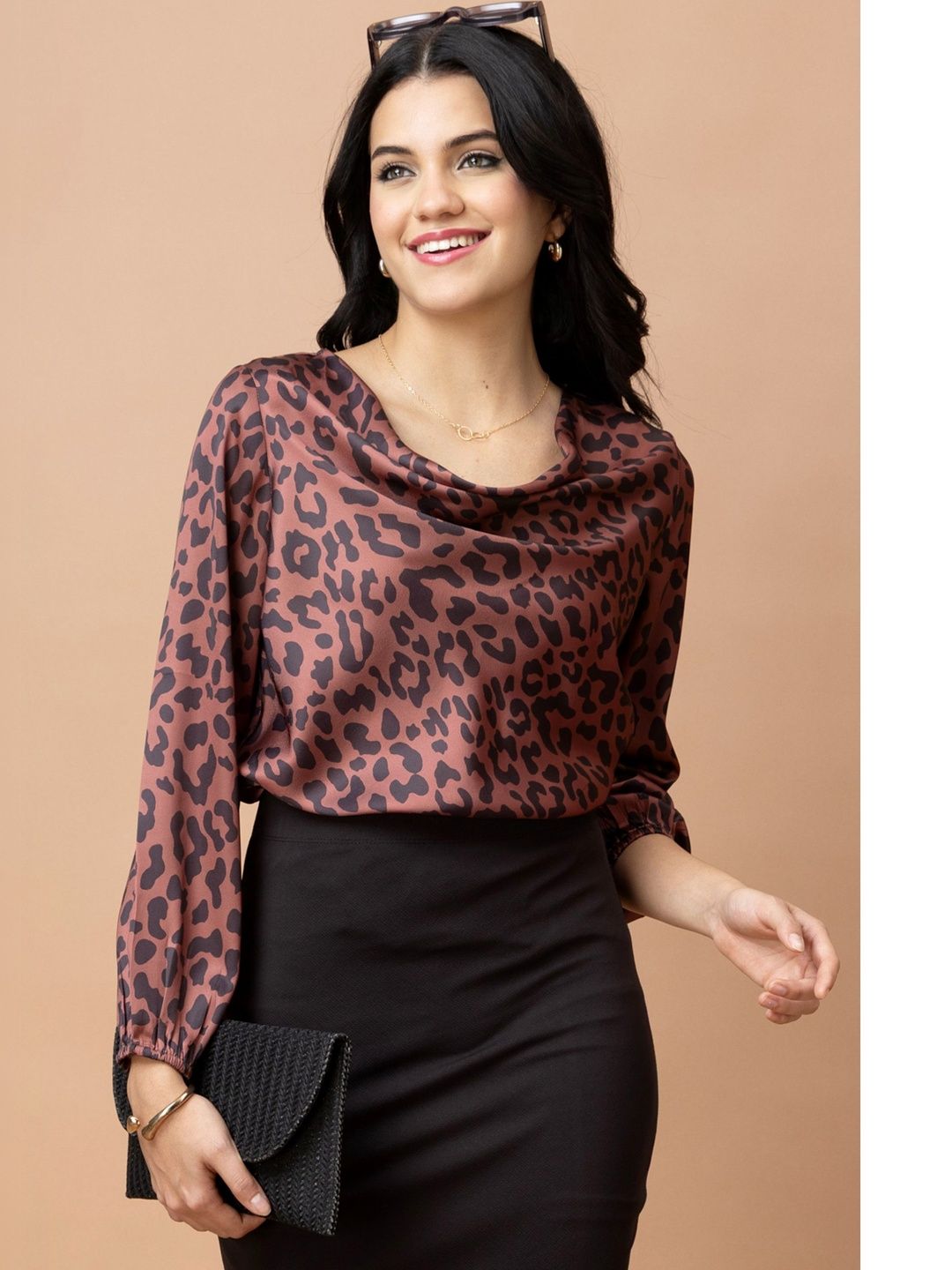 PURYS Animal Print Cowl Neck Satin Top