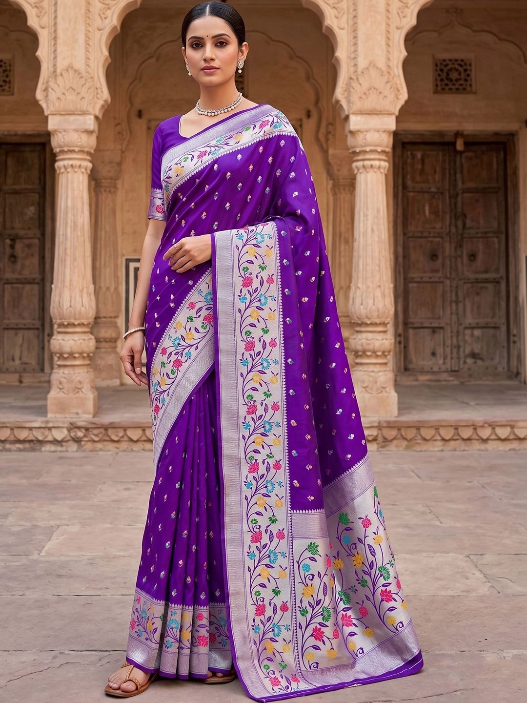 Mitera Floral Zari Silk Blend Handloom Banarasi Saree
