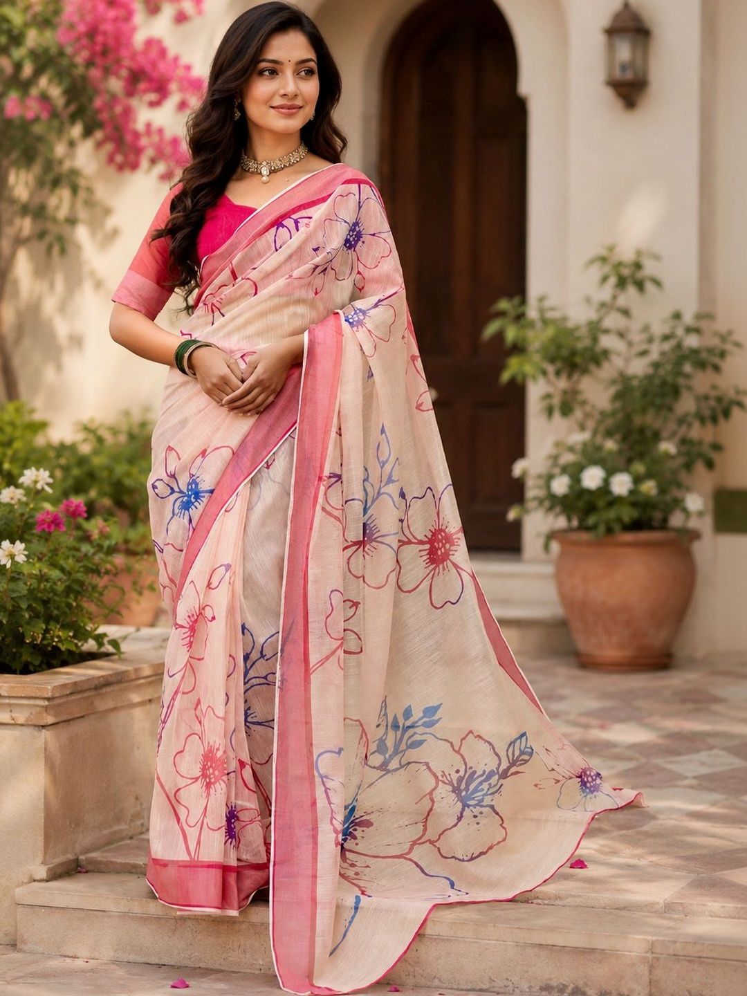 Elora Cream & Pink Chanderi Cotton Floral Printed Ready To Wear Saree