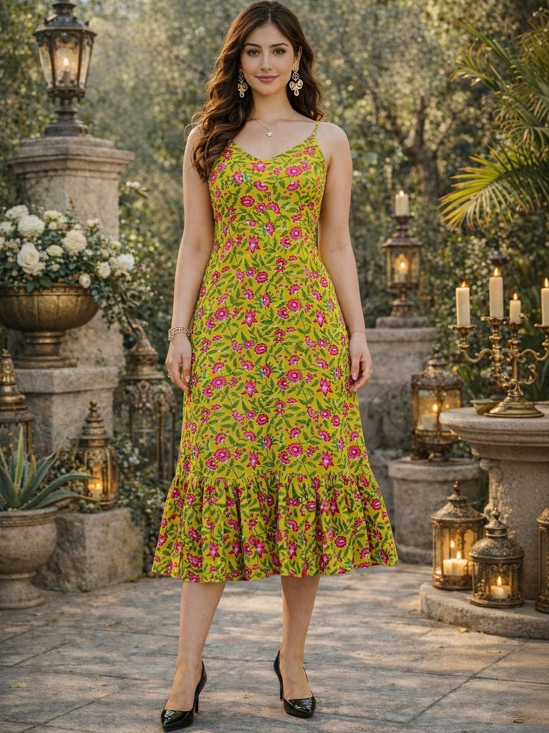 LIAPARO Floral Printed V-Neck Kurti