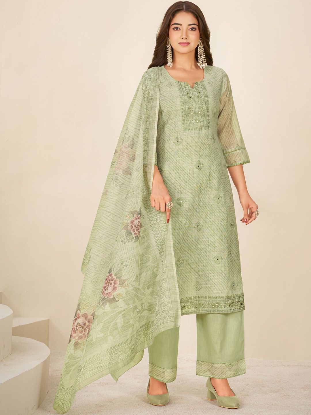IOLY Women Ethnic Motifs Printed Regular Mirror Work Linen Kurta with Palazzos & With Dupatta