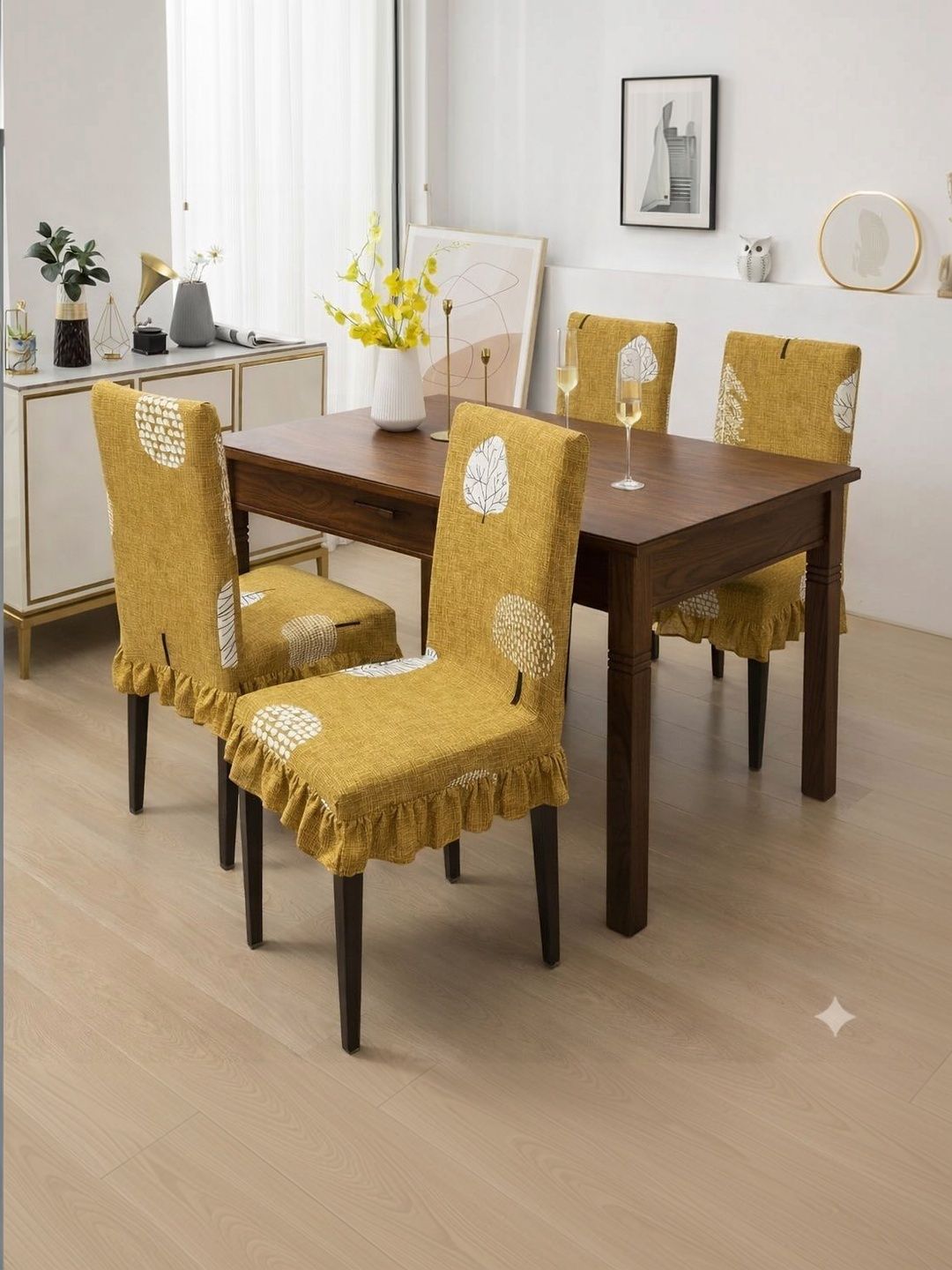 DFH 4-Pcs Mustard Printed Durable Chair Covers