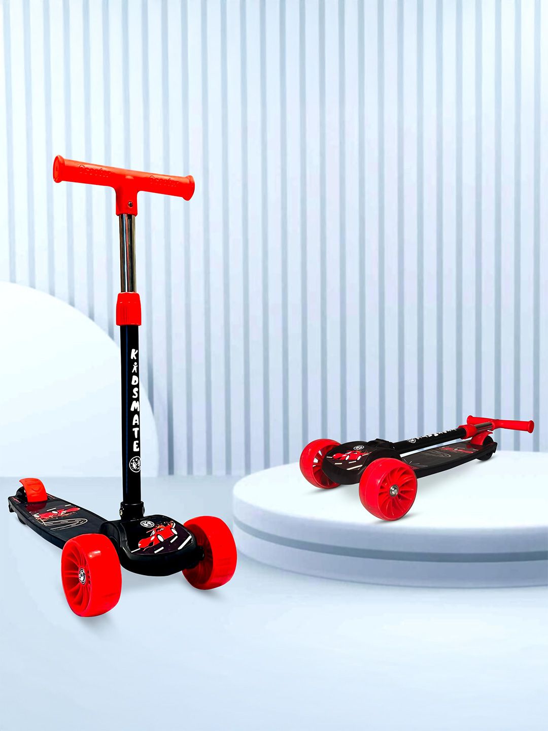 KIDSMATE Cruiser Kick Scooter with Broad PVC Wheels 5-Level Adjustable Height Easy Fold