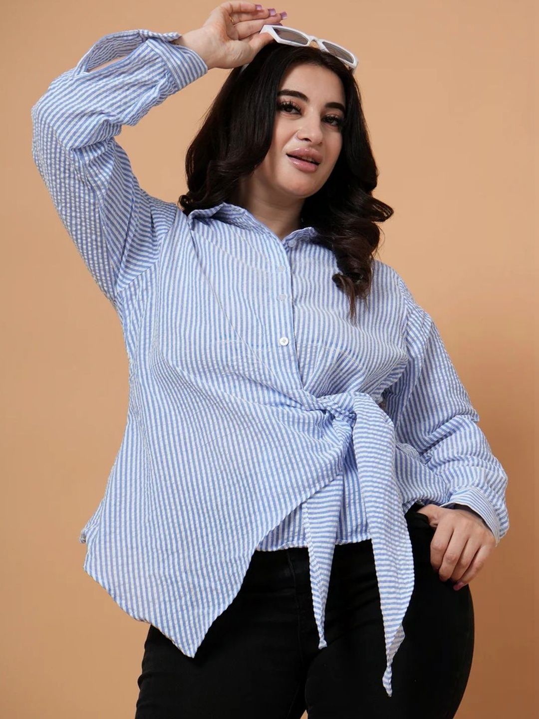 STYLLEY Women Ocean Striped Comfort Plus Size Casual Shirt