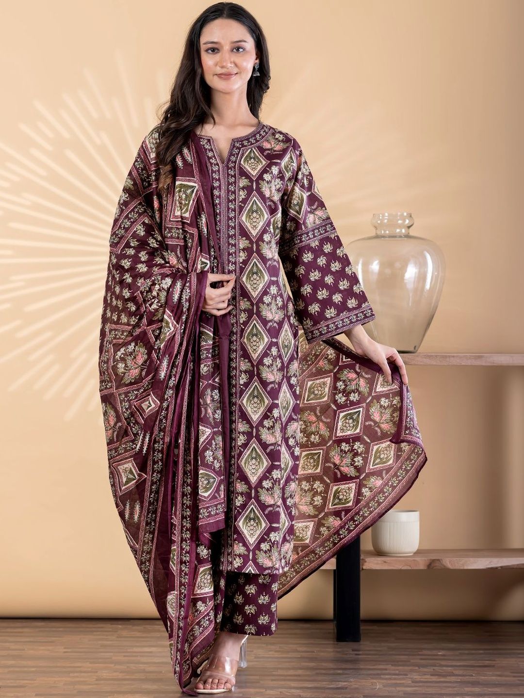 Readiprint Women Ethnic Motifs Printed Regular Pure Cotton Kurta with Trousers & With Dupatta