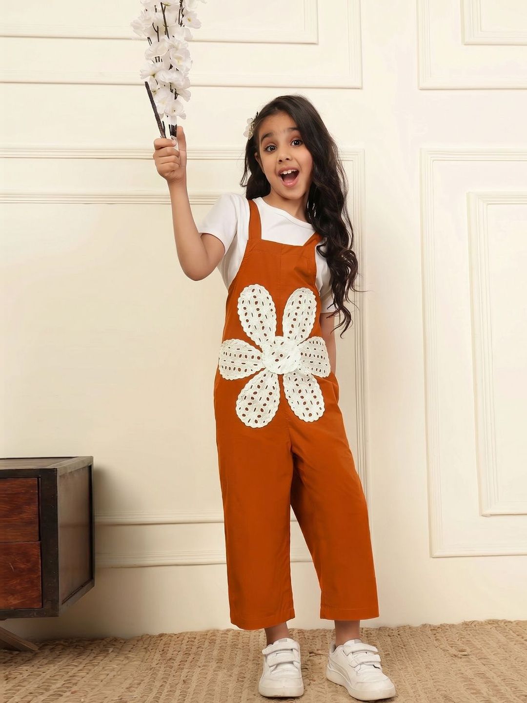 Bugandbees Girls Embroidered Cotton Dungaree