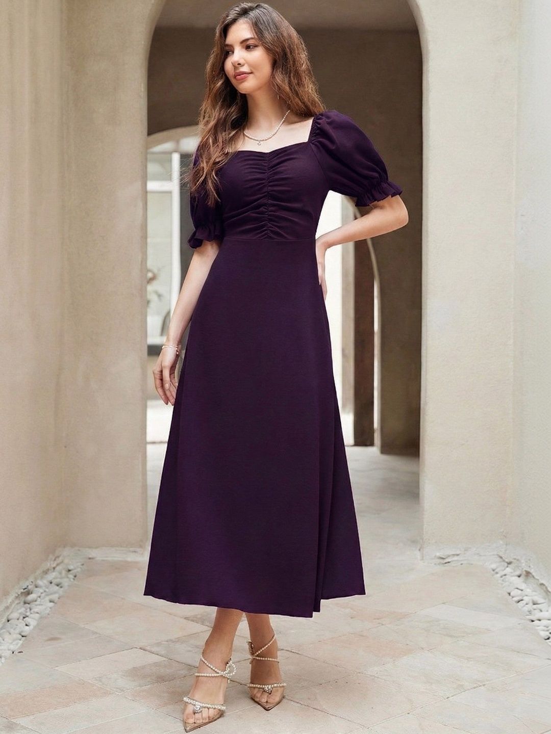 Archi Enterprise Puff Sleeve Chiffon A-Line Midi Dress