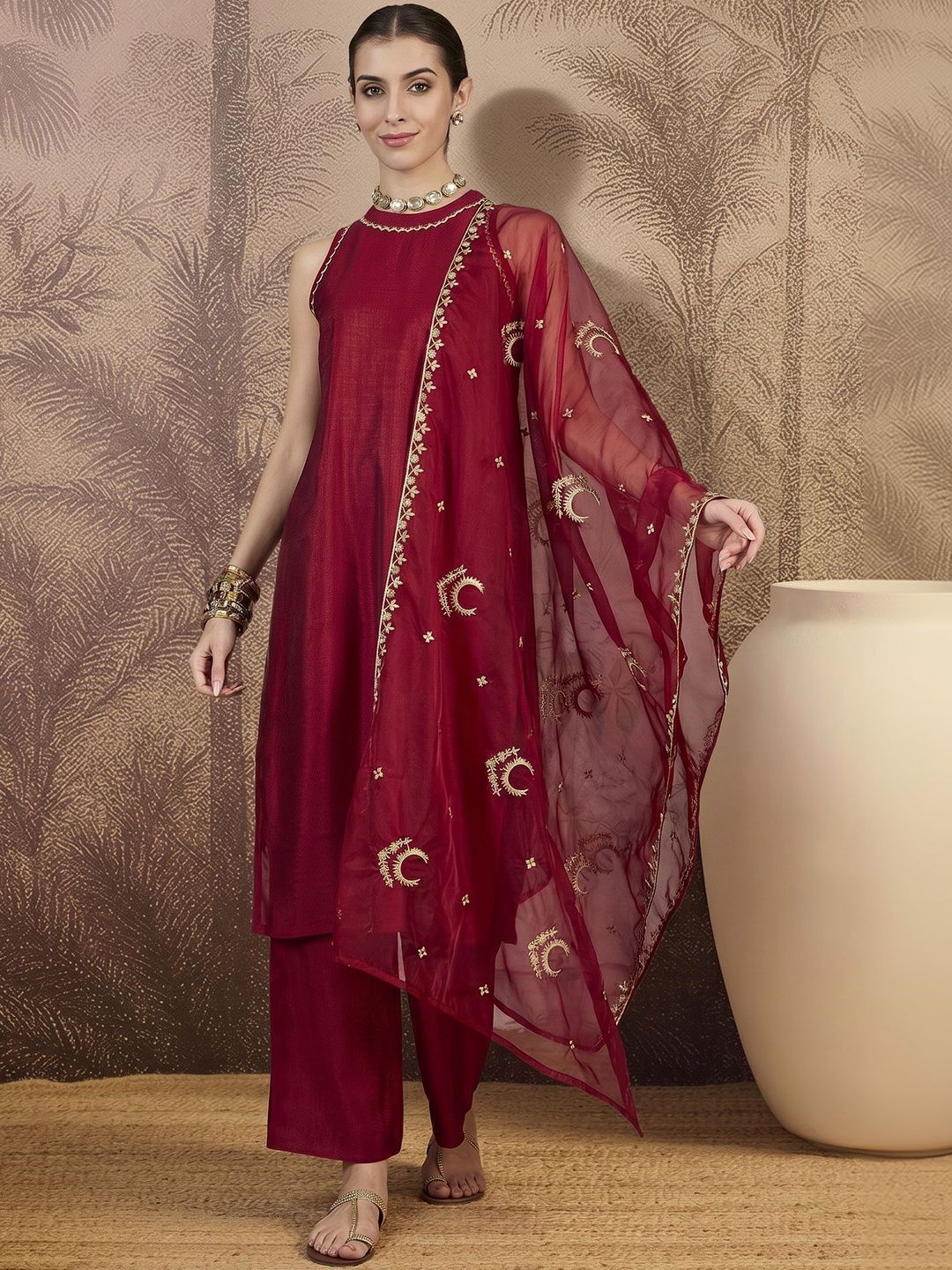 Sangria Embroidered Round Neck Kurta Sets