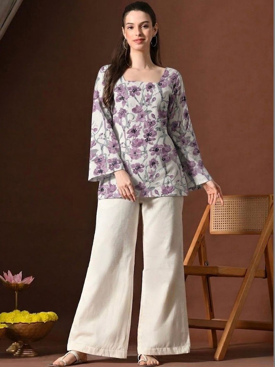 ADYASAA THE LABEL Floral Printed Square Neck Flared Sleeves Pure Cotton Blend Kurti