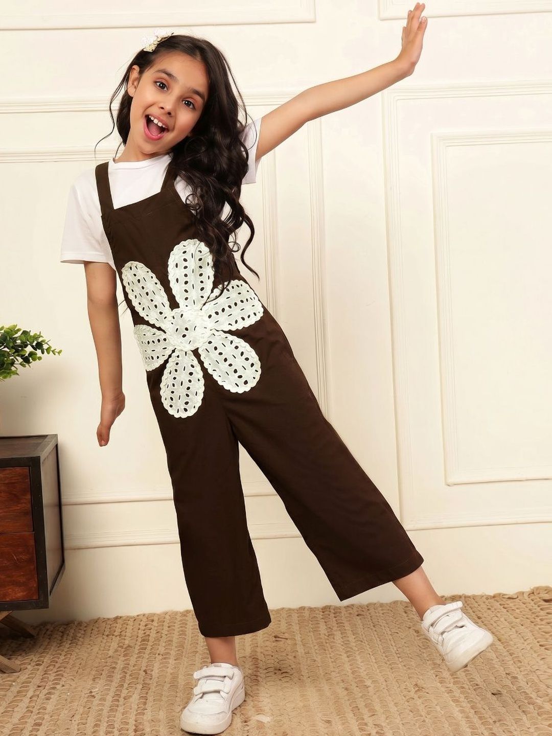 Bugandbees Girls Embroidered Cotton Dungaree