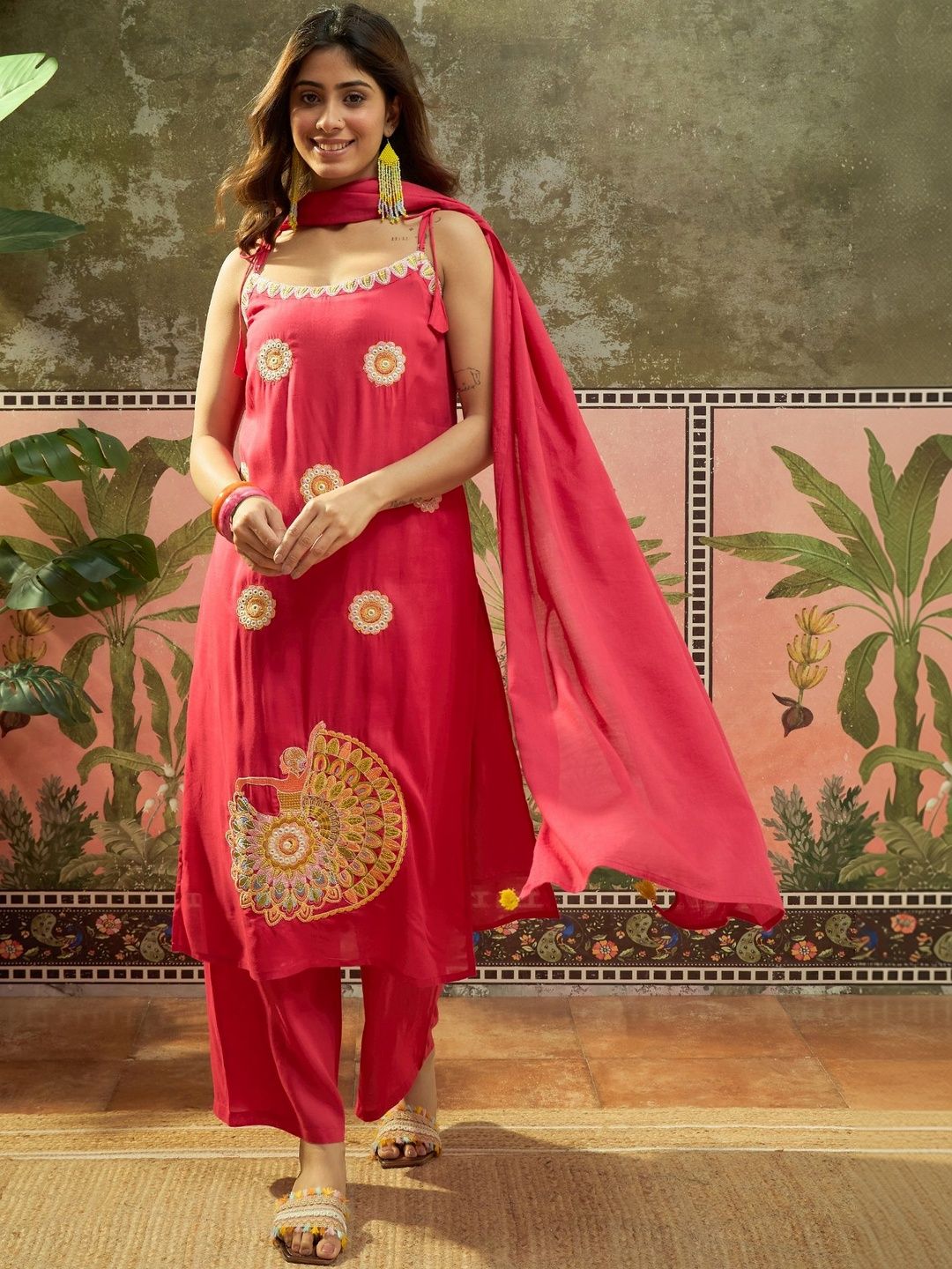 Sangria Embroidered Shoulder Straps Kurta & Trousers With Dupatta
