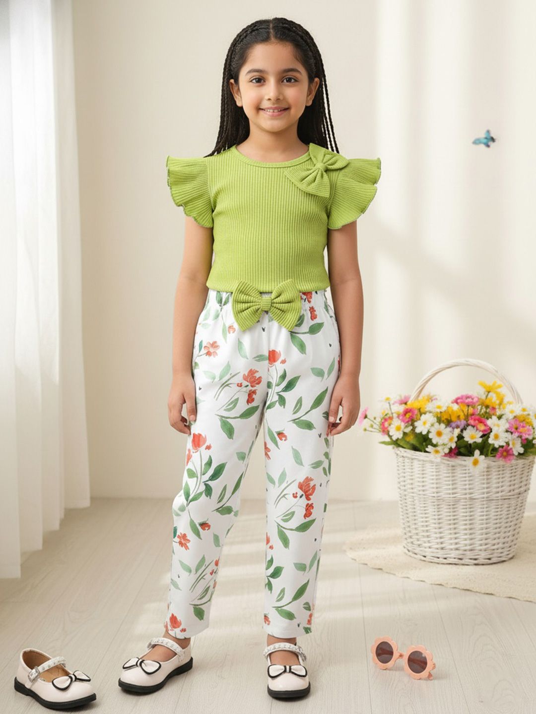 PATTZALA Girls Green Puff Sleeve Top with Floral Printed Pants Co-Ord Set