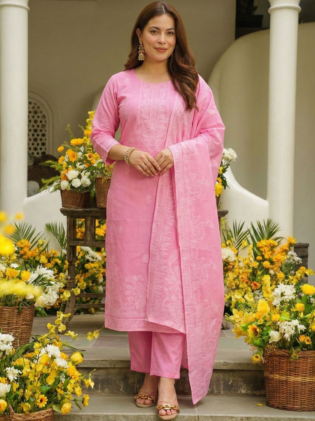 AWRIYA Women Ethnic Motifs Embroidered Regular Thread Work Pure Cotton Kurta with Trousers & With Dupatta