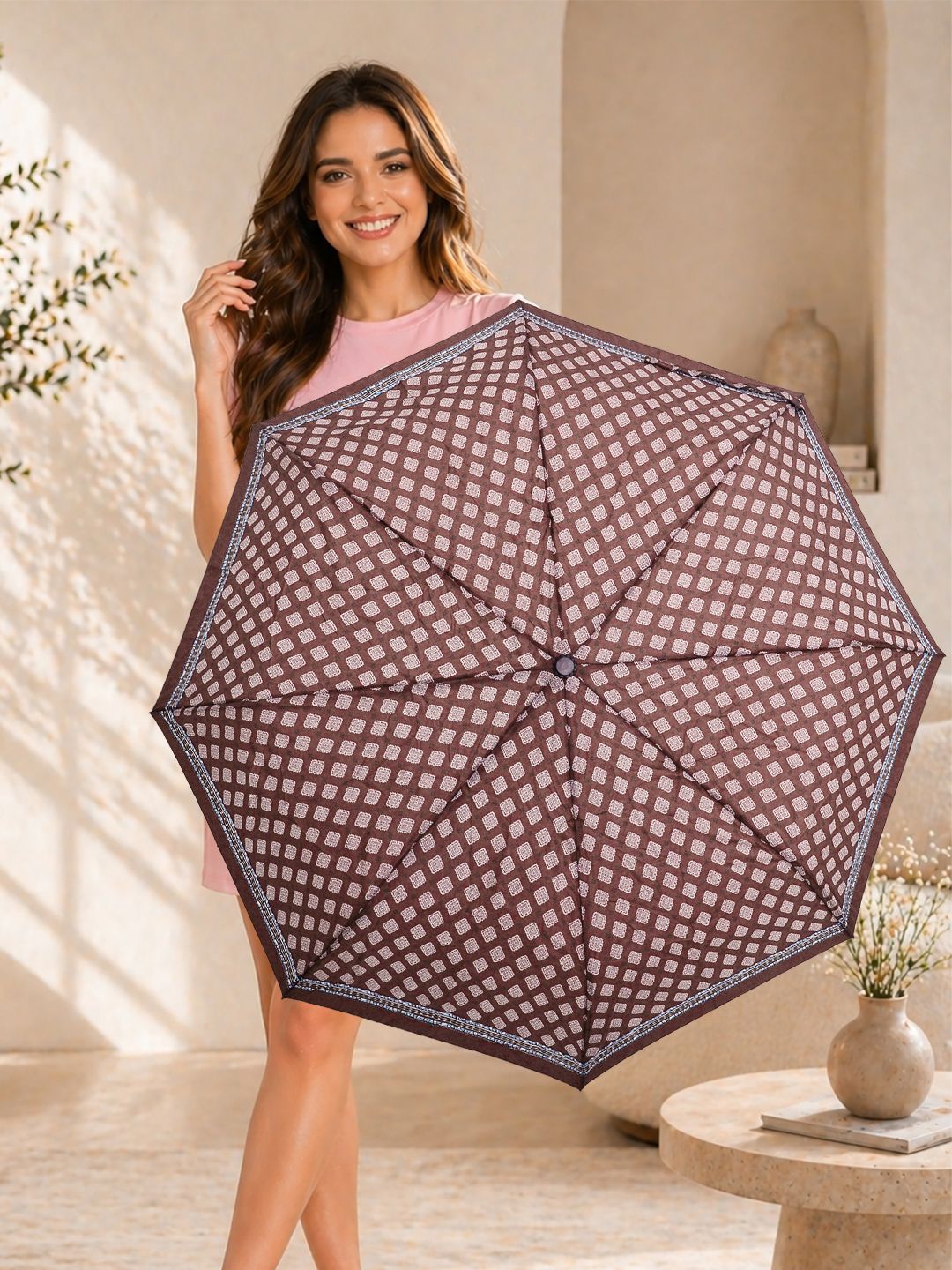 FABINALIV Brown Ethnic Auto ON/OFF Waterproof Automatic Compact 3 Fold Printed Umbrella