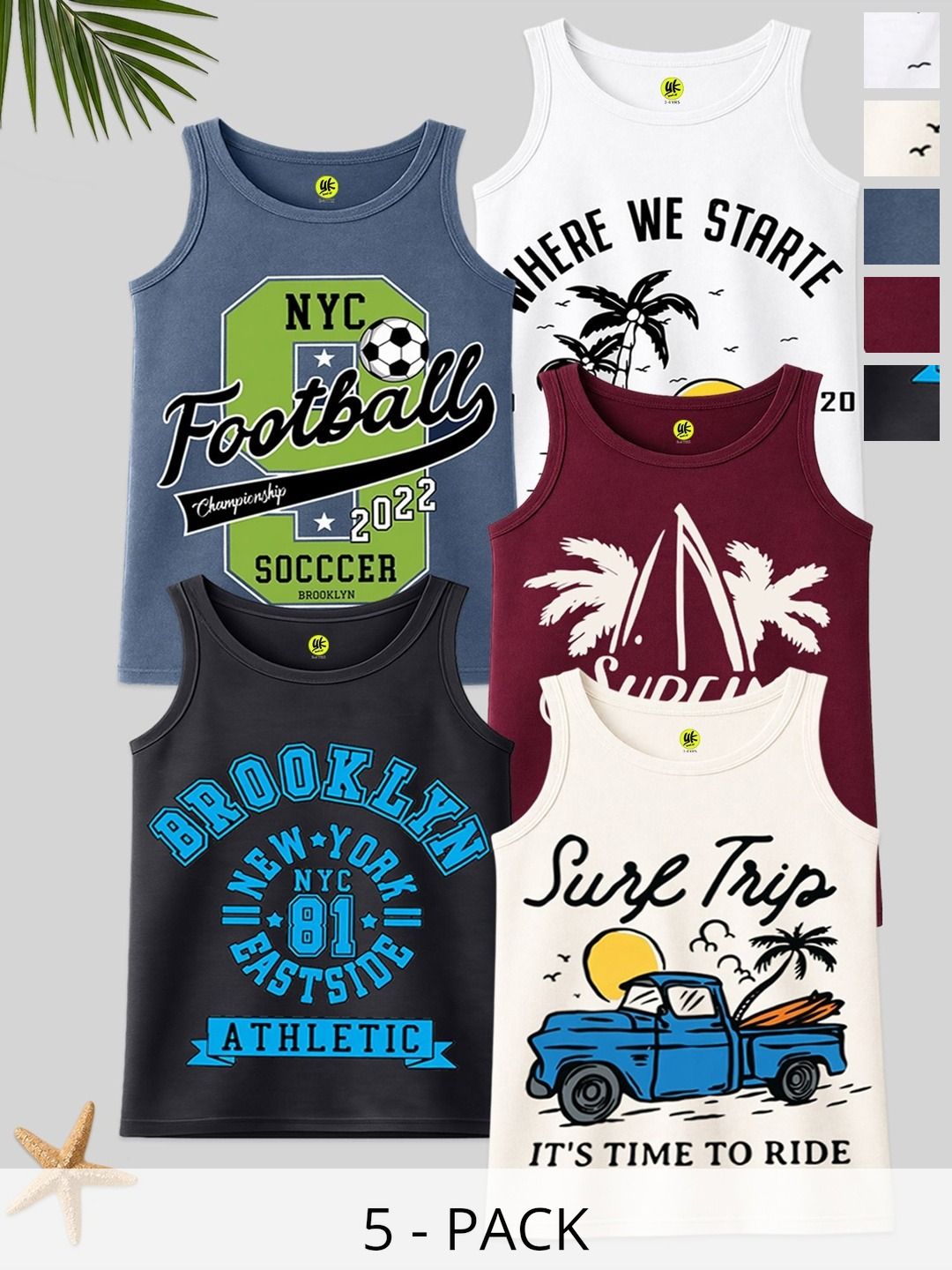 YK Boys Pack Of 5 Printed Round Neck Innerwear Vests