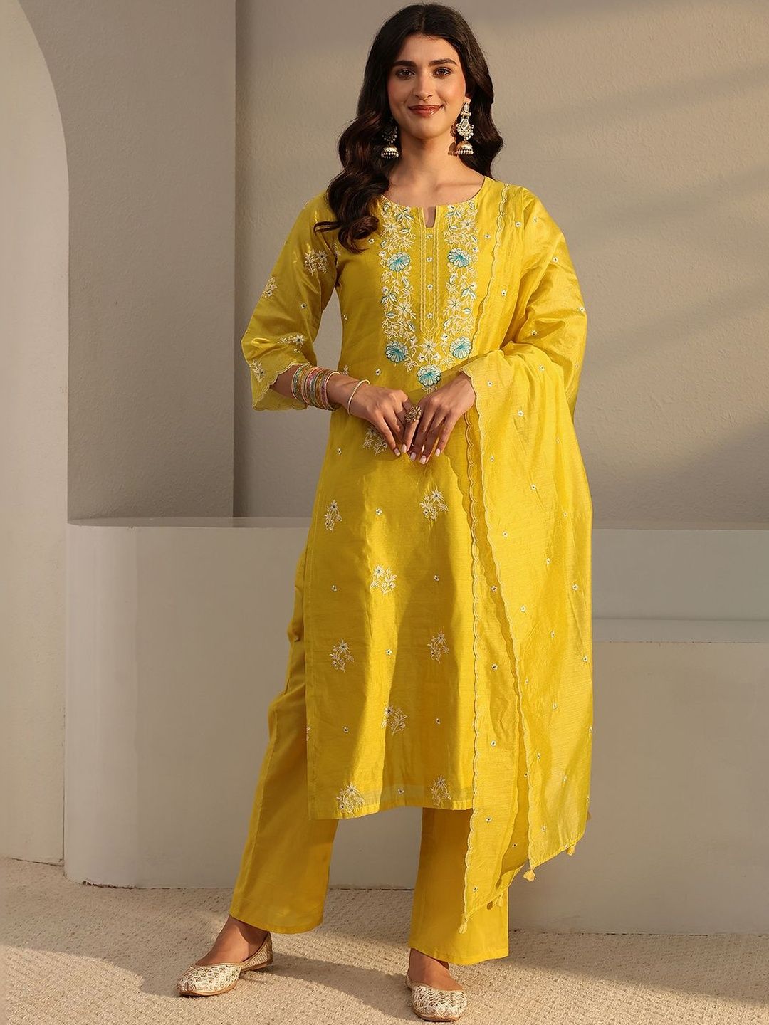 Libas Yellow Embroidered Straight Suit Set with Dupatta