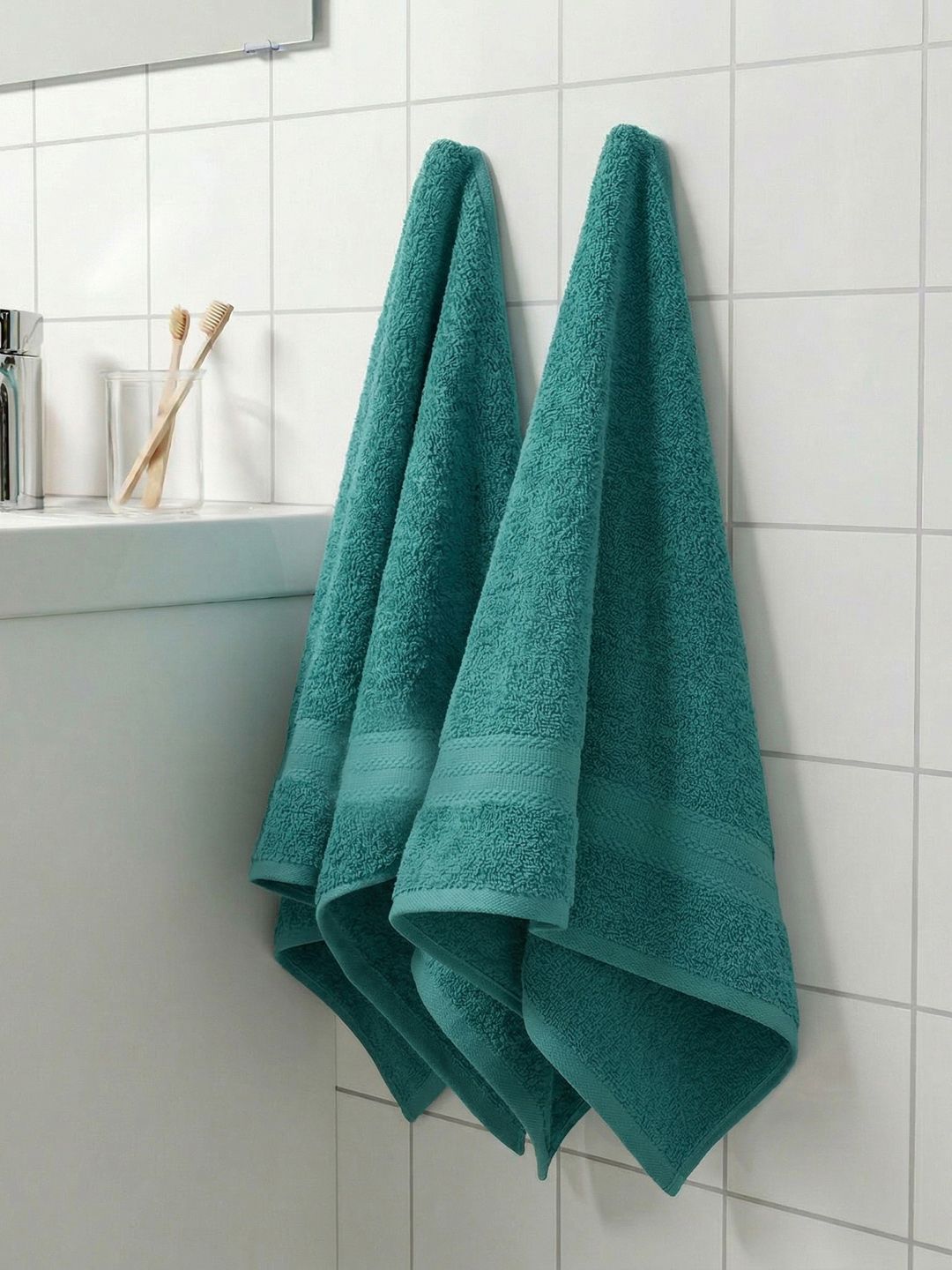 Monte Carlo 2-Pcs Sea-green Textured Pure Cotton 380 GSM Hand Towels
