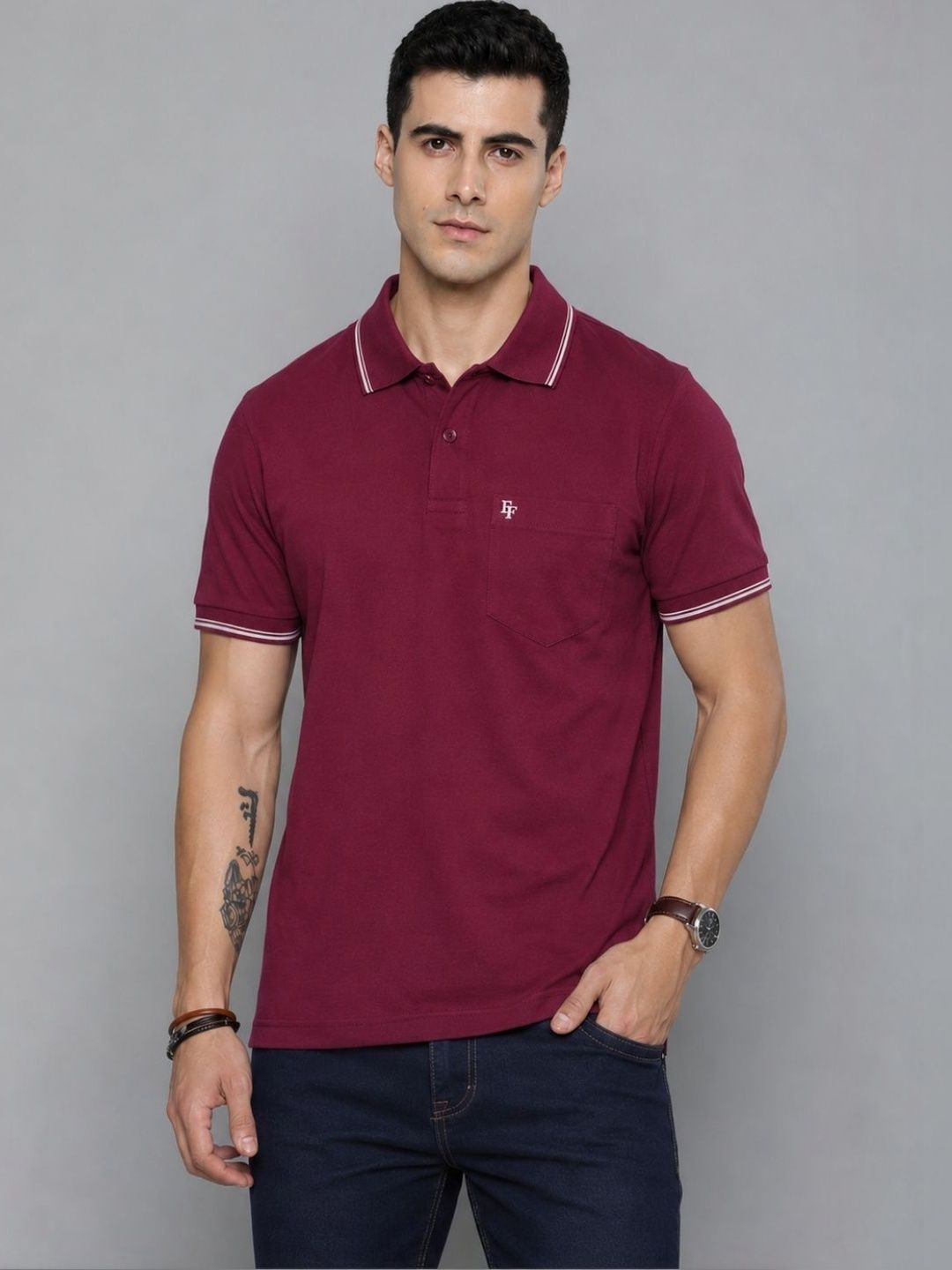 FEVERFEW Men Brand Logo Polo Collar Pockets T-shirt