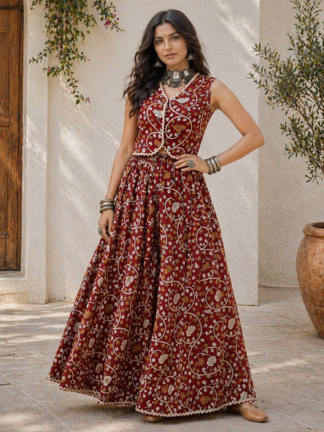 Indie Florals Cotton Printed Top with Skirt