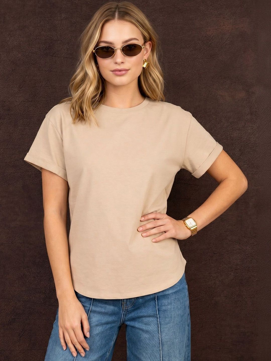 JUNEBERRY Women Beige Solid Pure Cotton Round Neck Extended Sleeves Oversized Fit T-shirt
