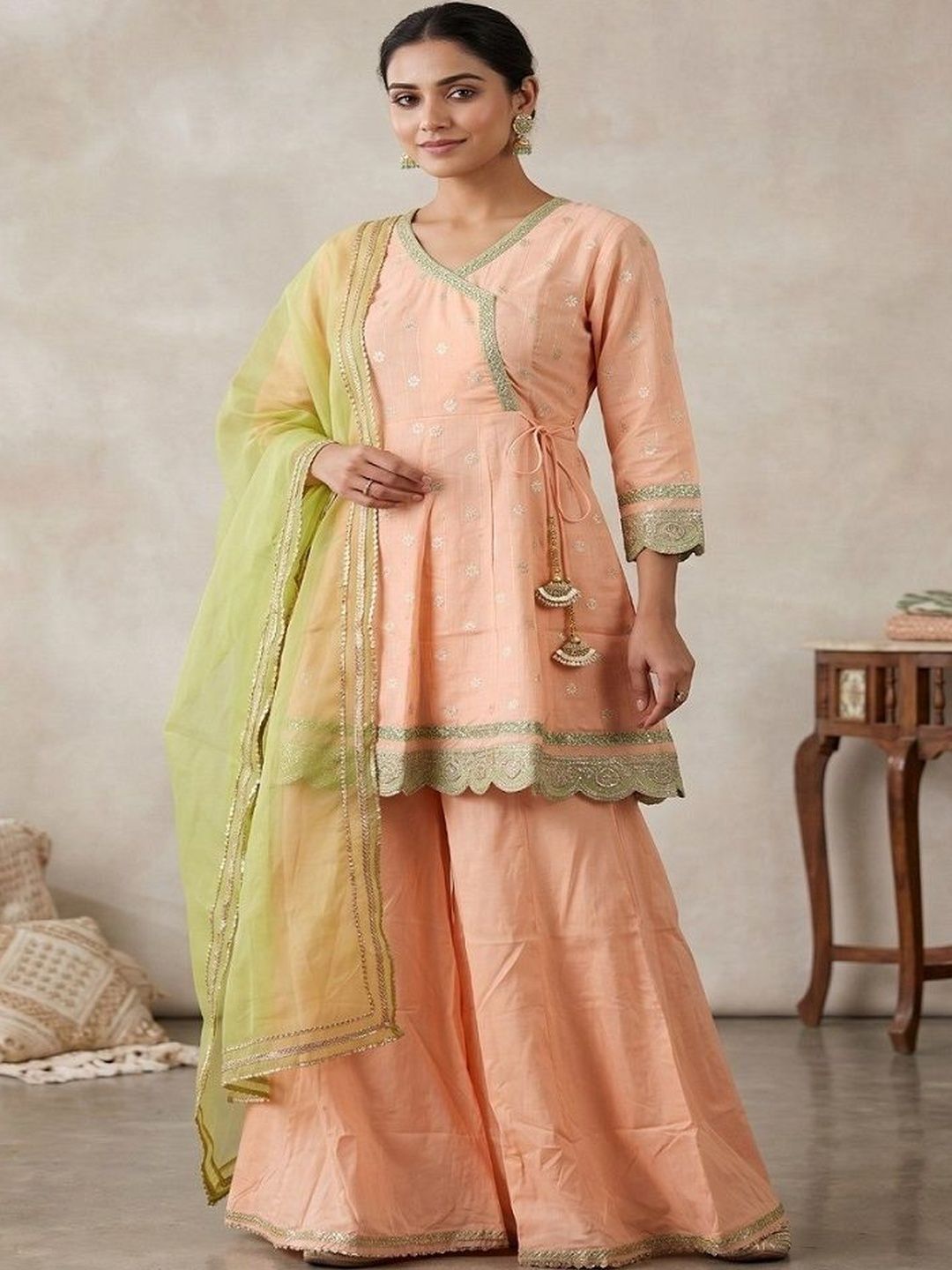 ISHWAR Women Ethnic Motifs Printed Angrakha Gotta Patti Kurta with Sharara & With Dupatta