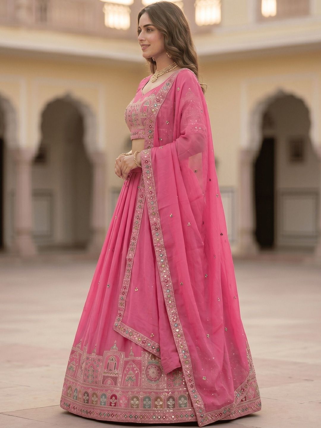 Embroidered Sequinned Semi-Stitched Lehenga & Blouse With Dupatta 3