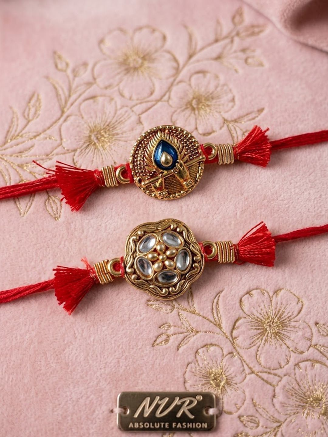 NVR Set Of 2 Gold Toned Artificial Stones Thread Rakhi With Roli Chawal Chandan Mishri