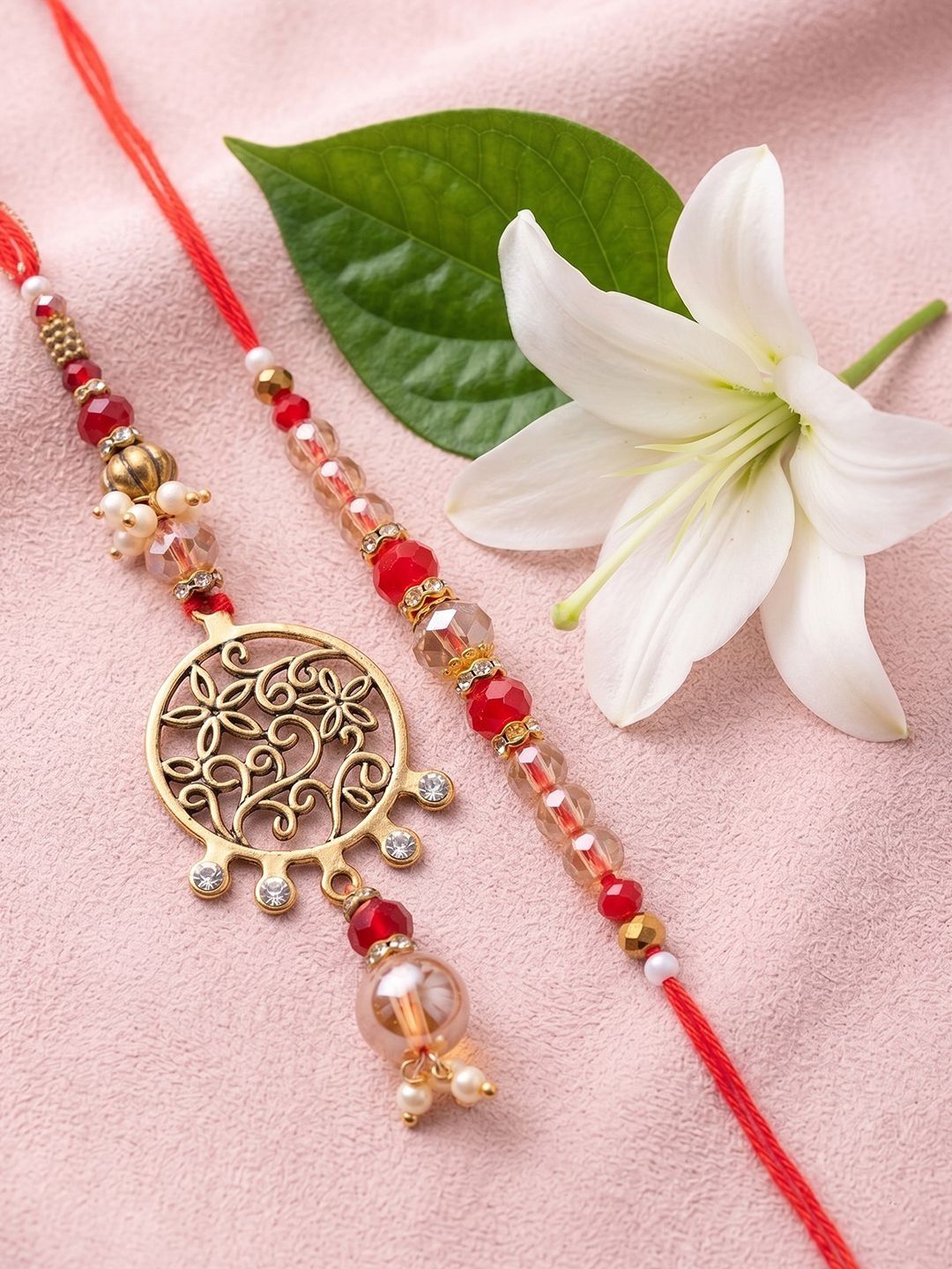 NVR Set Of 2 Gold Toned Artificial Stones & Beads Bhaiya Bhabhi Rakhi With Roli Chawal