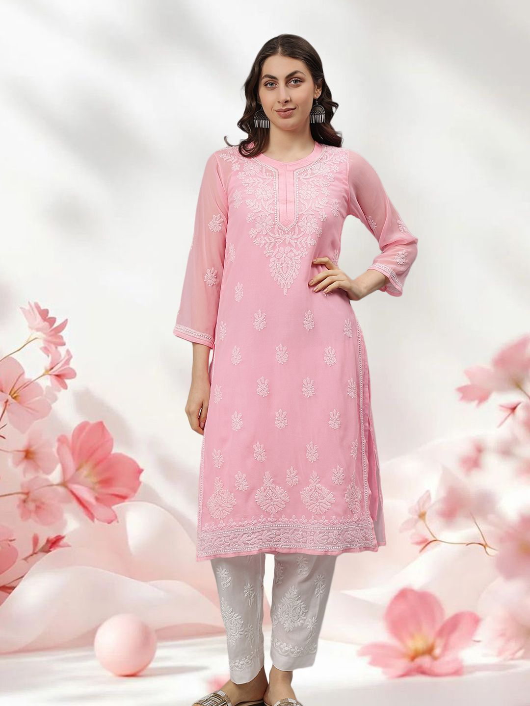 Seva Chikan Floral Embroidered Notch Neck Georgette Lucknowi Chikankari Straight Kurta