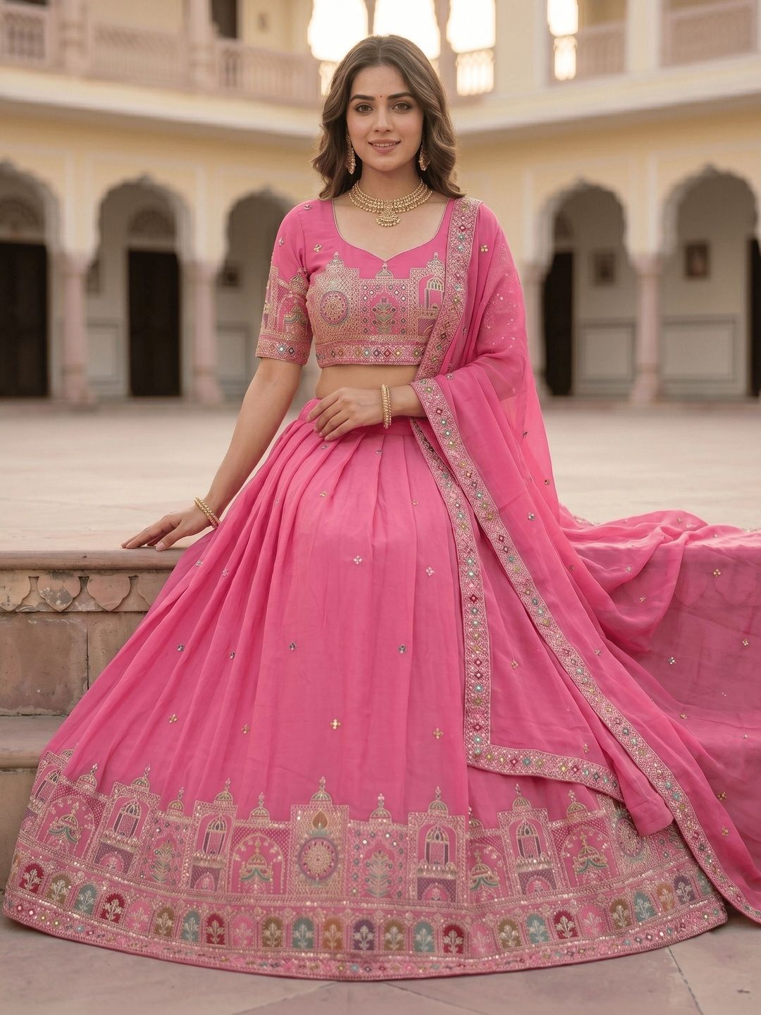 Embroidered Sequinned Semi-Stitched Lehenga & Blouse With Dupatta 5