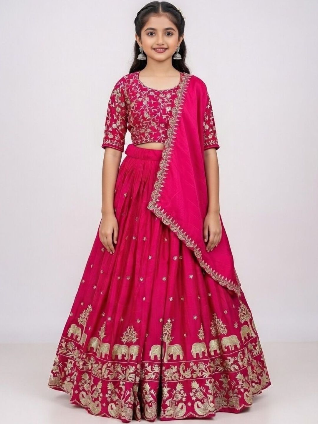 Girls Embroidered Thread Work Semi-Stitched Lehenga & Blouse With Dupatta 4