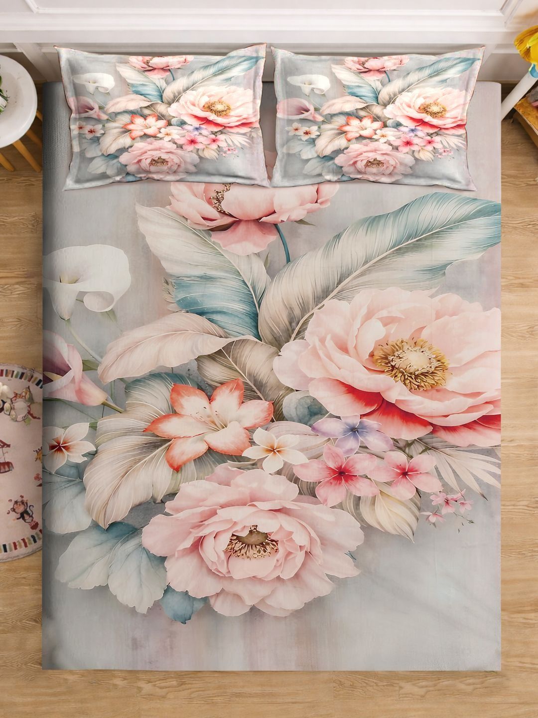 Buy Myntra Elegant Homes Grey Floral 300 TC King Bedsheet With 2 Pillow Covers -  - Home for Unisex