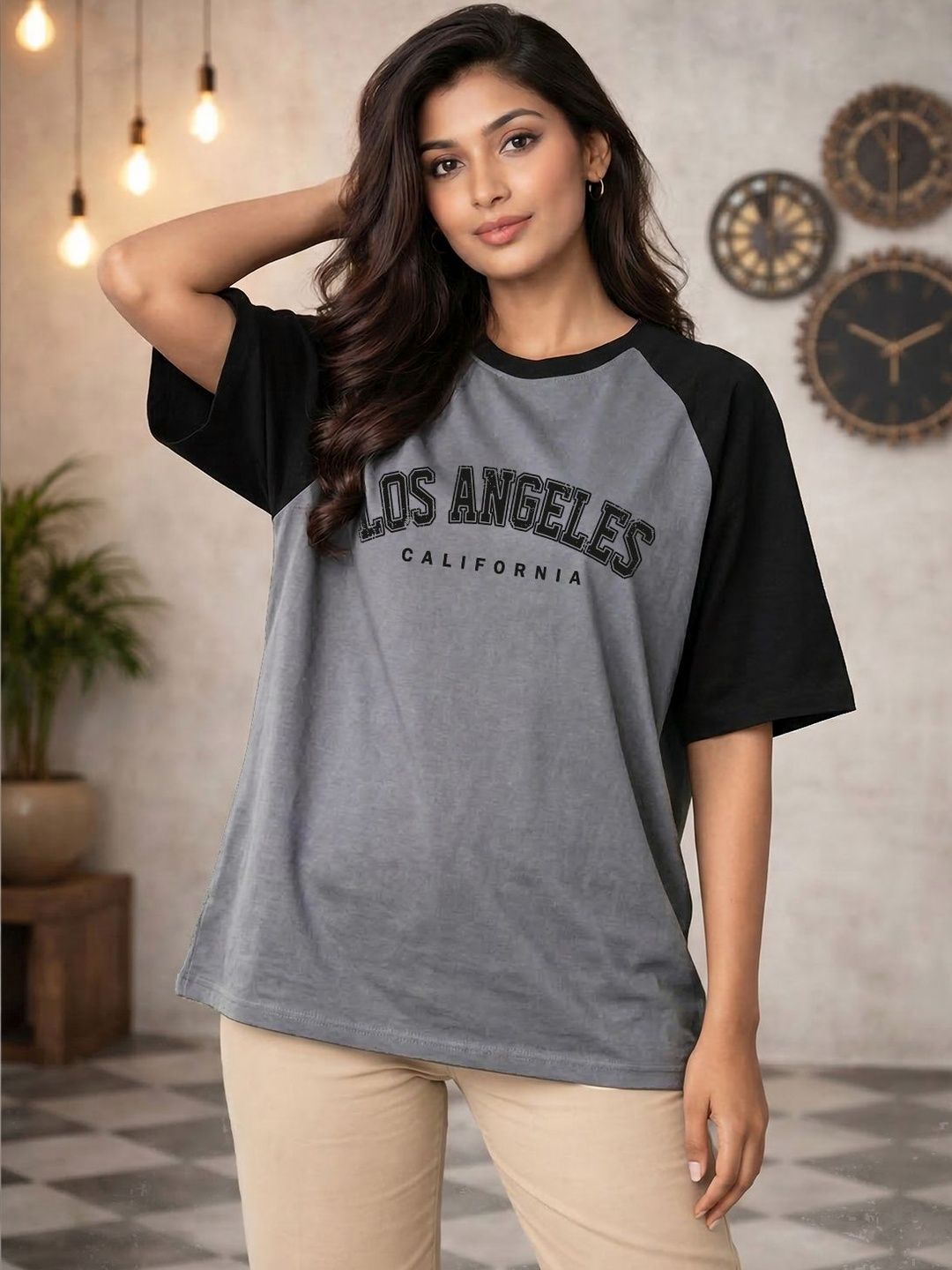 TOM MILTON Women Grey Reclon Half Sleeve Round Neck Oversized Tshirt