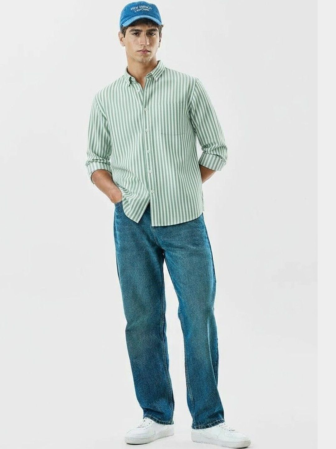 Green Vertical Stripes Regular Fit Casual Shirt