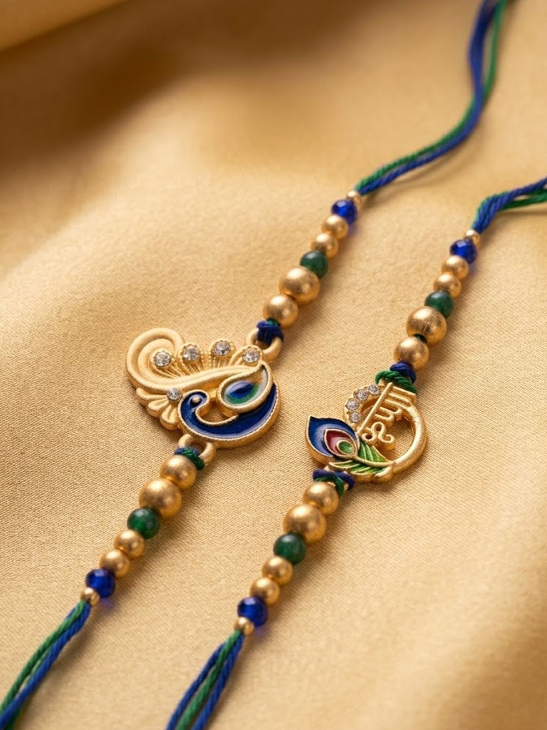 NVR Set Of 2 Krishna & Peacock Design Artificial Beads Thread Rakhi With Roli Chawal