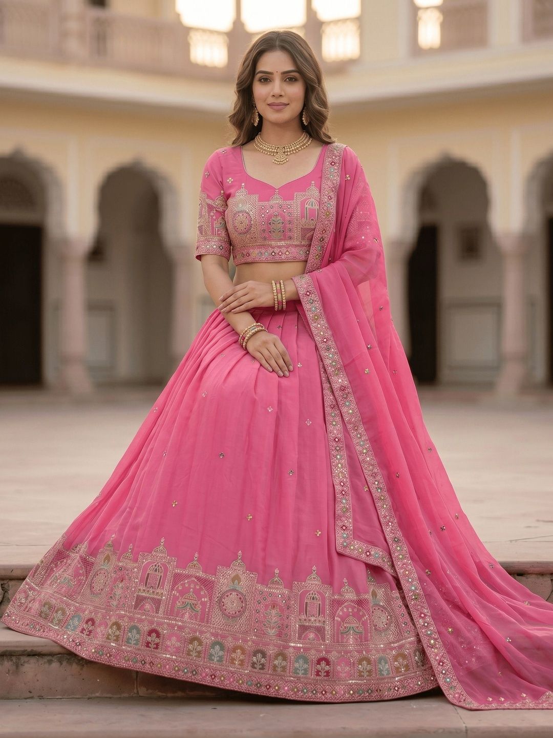 Embroidered Sequinned Semi-Stitched Lehenga & Blouse With Dupatta 4