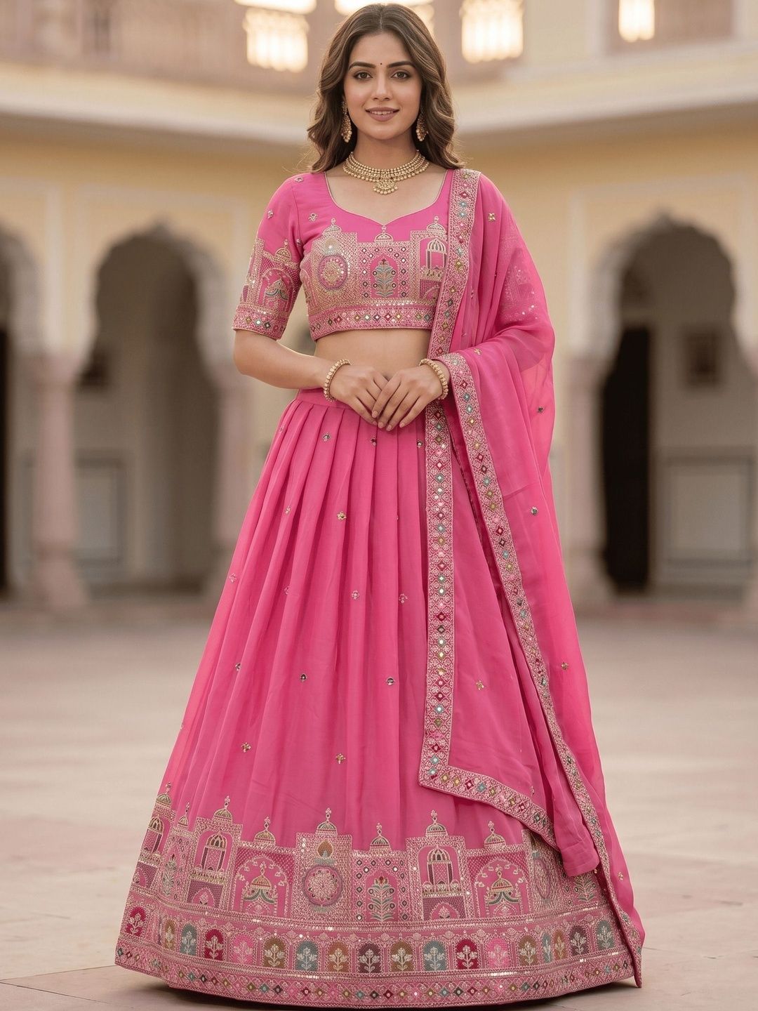 Embroidered Sequinned Semi-Stitched Lehenga & Blouse With Dupatta