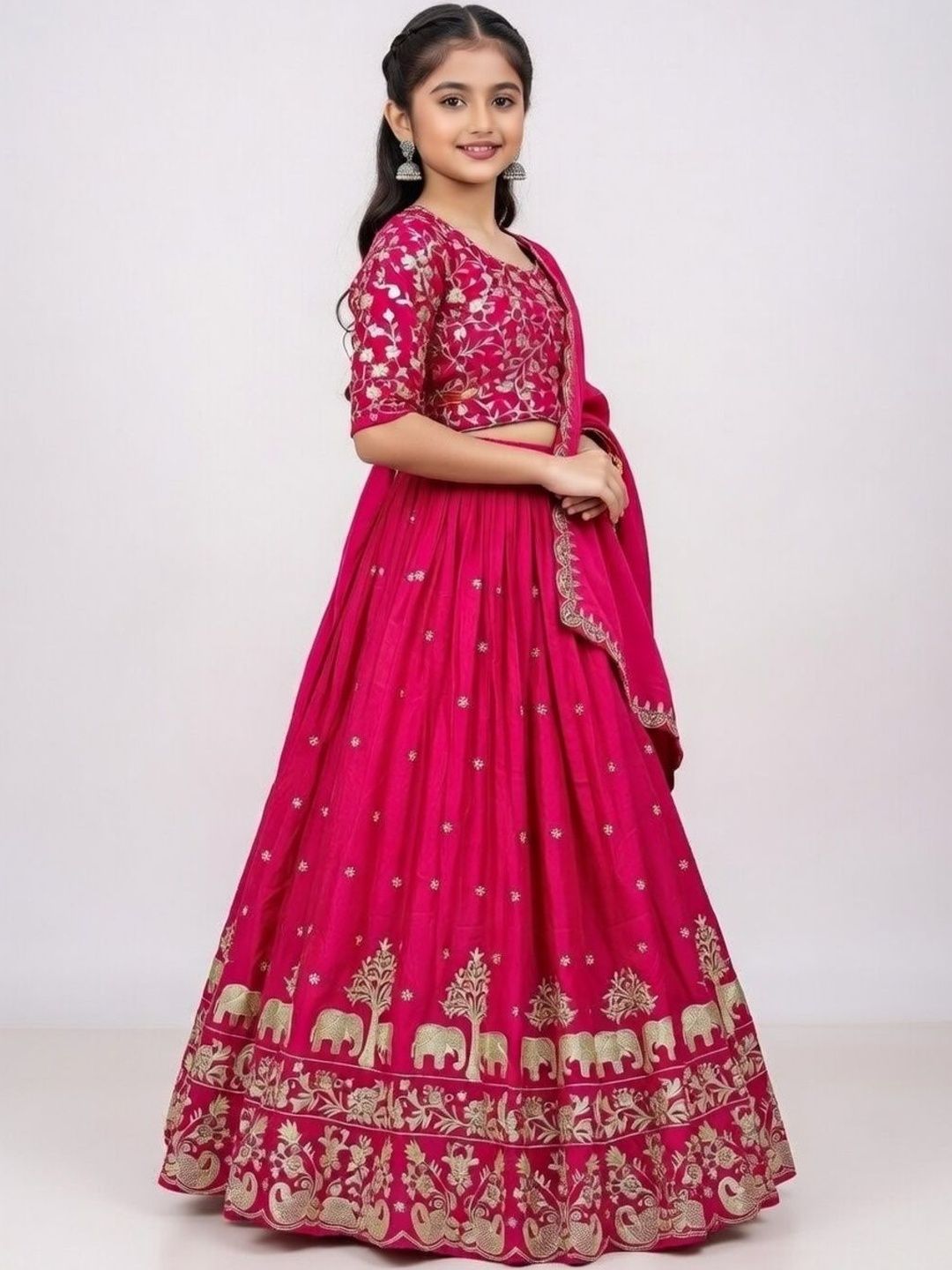 Girls Embroidered Thread Work Semi-Stitched Lehenga & Blouse With Dupatta 3