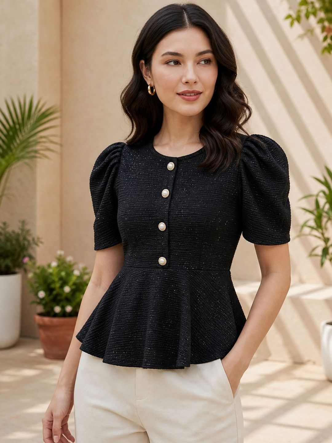 SZN Puff Sleeve Peplum Top