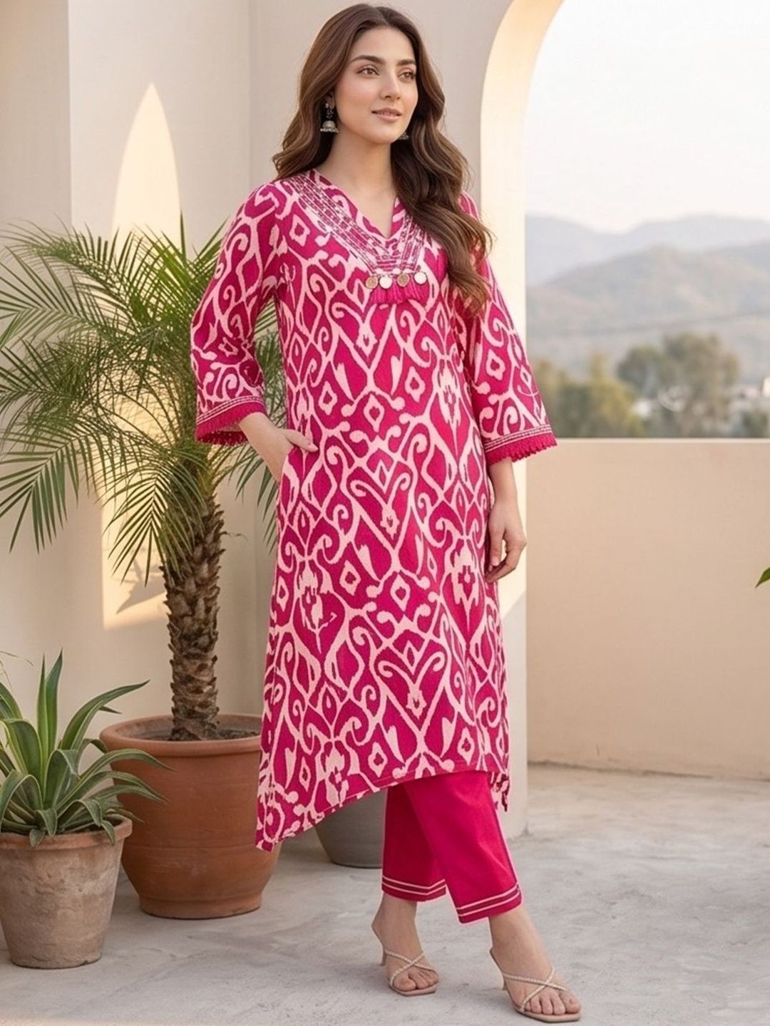 Varanga Women Ethnic Motifs Printed Regular Thread Work Pure Cotton Kurta with Trousers