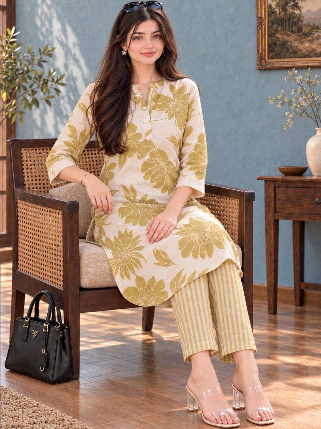KALINI Floral Printed Pure Cotton Tunic & Trousers Co-Ord Set