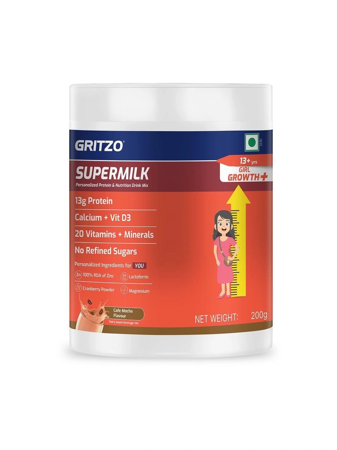 Gritzo Kids SuperMilk Growth Protein Powder- 200 g- Cafe Mocha