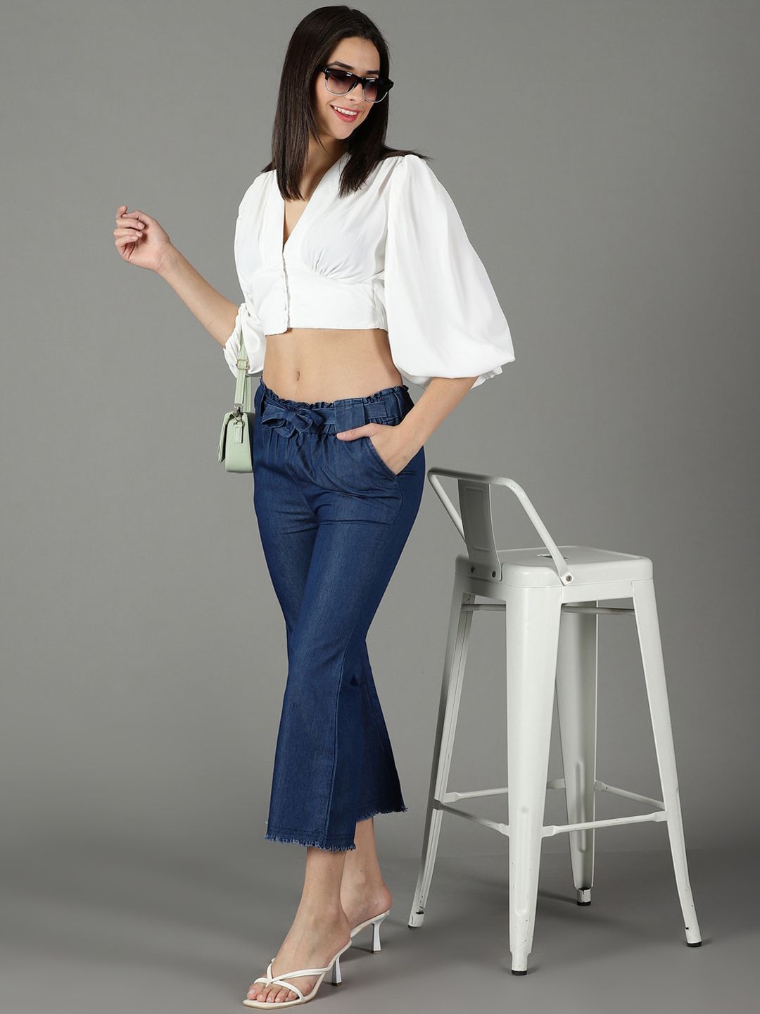 SHOWOFFFF Women Frayed Hem Denim High-Rise Cropped Bootcut Trousers