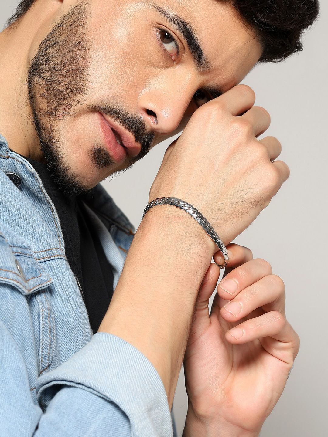 Jewelor Men Silver-Plated Stainless Steel Cuban Link Chain Bracelet