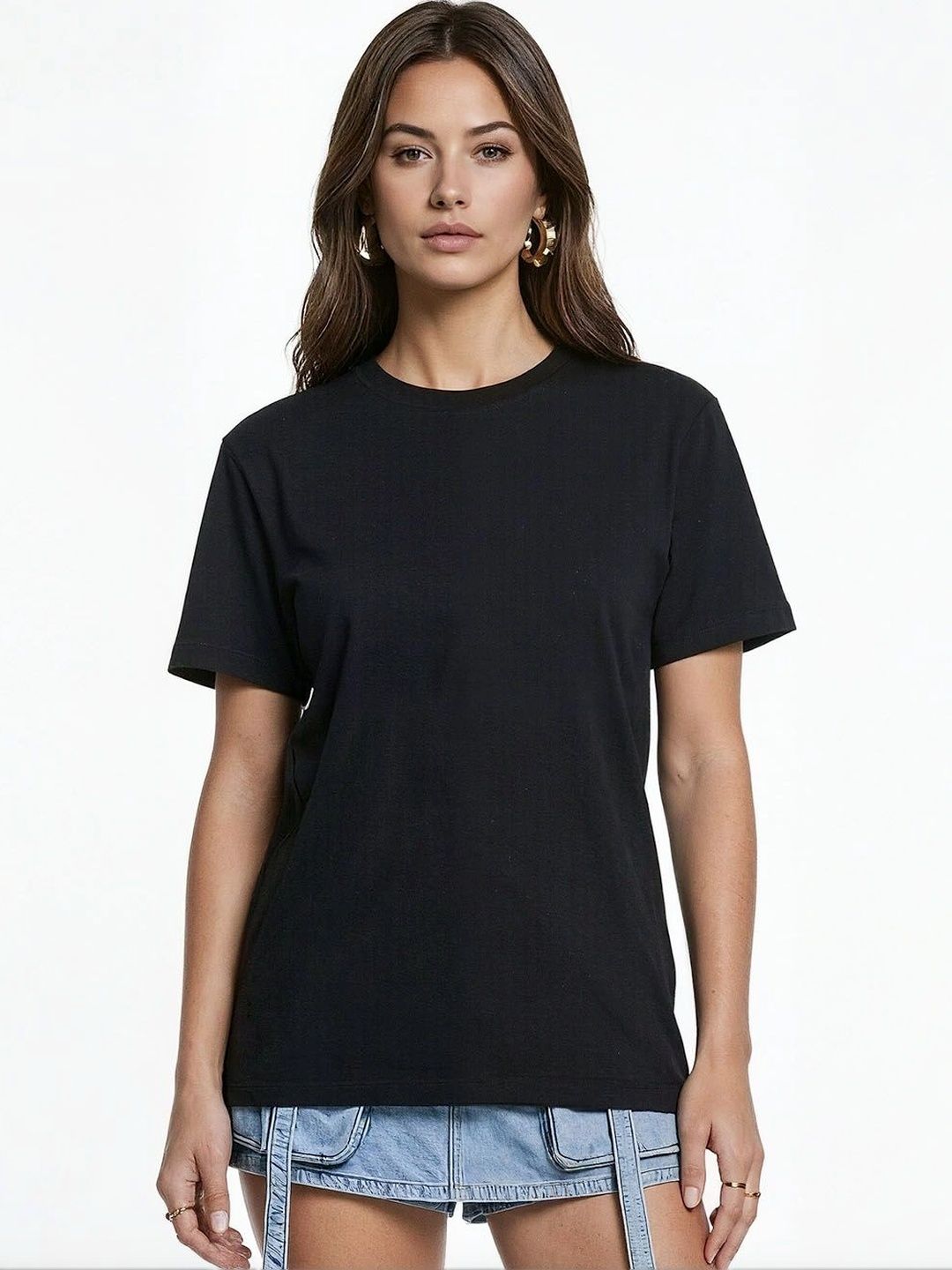 DKY Women Solid Round Neck Cotton T-shirt